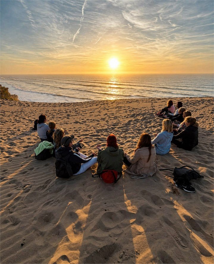 Dar Mouja group sitting in a circle on the dunes at Atlantic sunset
